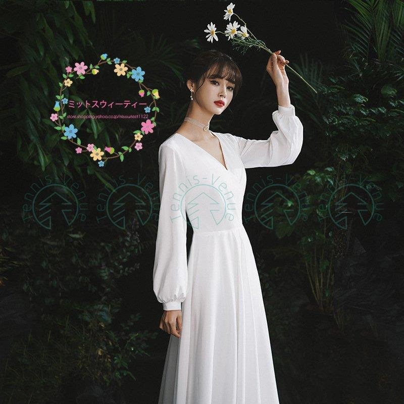 ウェディングドレス Aラインドレス 発表会 長袖 vネック パーティードレス 演奏会 ロングドレス