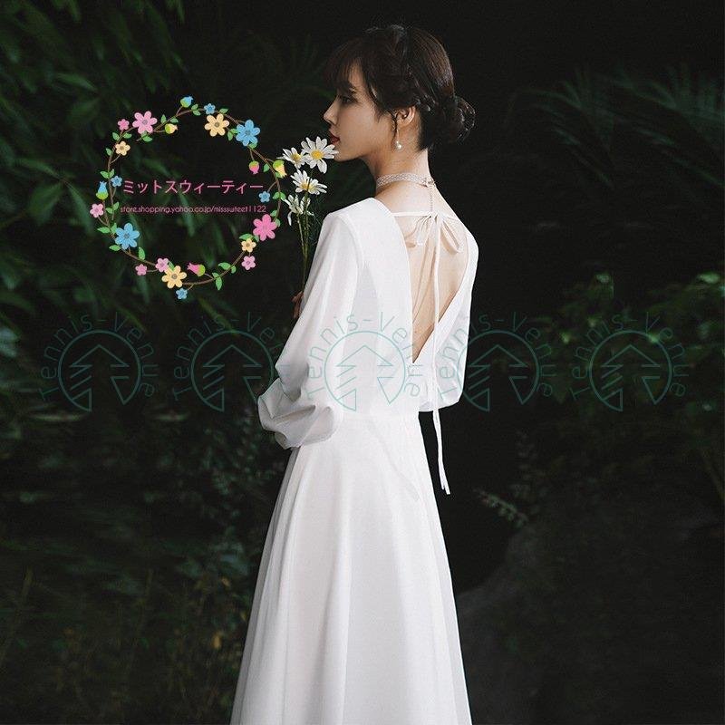 ウェディングドレス Aラインドレス 発表会 長袖 vネック パーティードレス 演奏会 ロングドレス