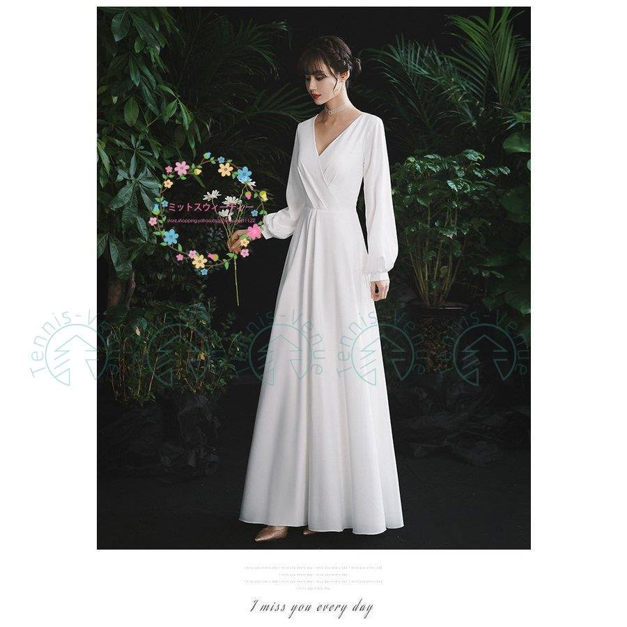 ウェディングドレス Aラインドレス 発表会 長袖 vネック パーティードレス 演奏会 ロングドレス