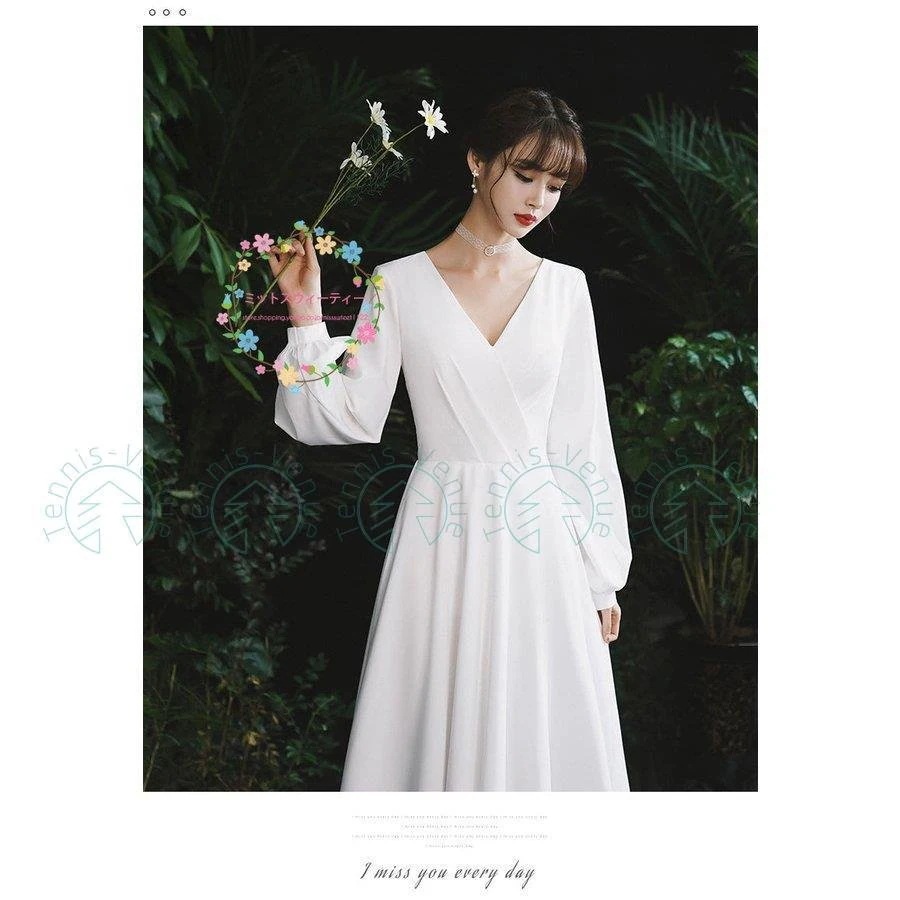 ウェディングドレス Aラインドレス 発表会 長袖 vネック パーティードレス 演奏会 ロングドレス