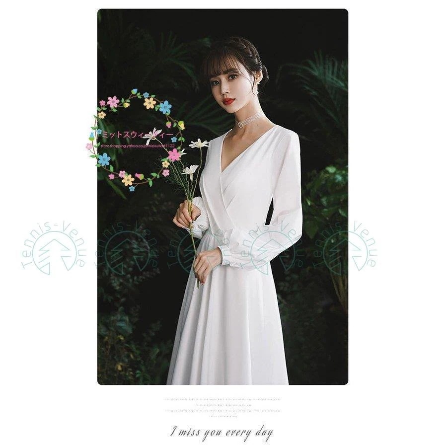 ウェディングドレス Aラインドレス 発表会 長袖 vネック パーティードレス 演奏会 ロングドレス