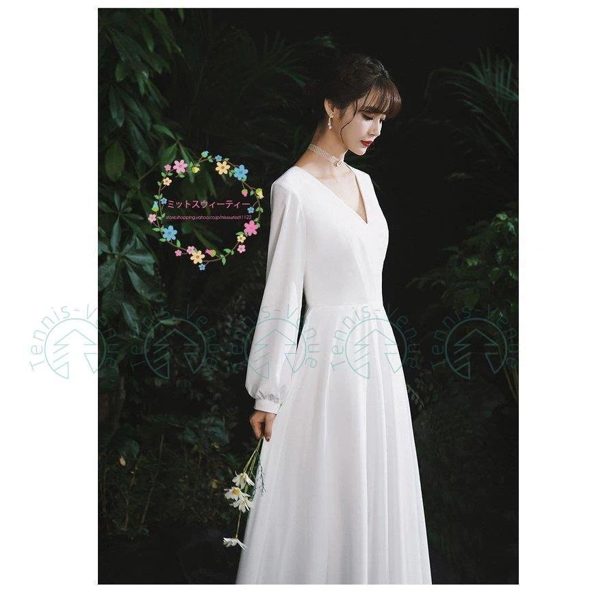ウェディングドレス Aラインドレス 発表会 長袖 vネック パーティードレス 演奏会 ロングドレス