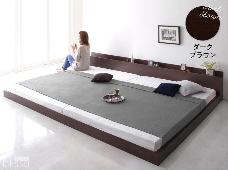 [組立設置付]分割しても使える 棚付き 大型連結ベッド [ブリッサ] [プレミアムポケットコイルマットレス付き] ワイドK240（SDx2） [フレーム]ブラック [マットレス]ホワイト