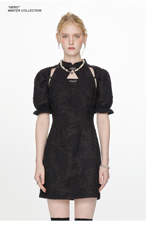 フレンチブラックテクスチャ半袖ドレス女性ニッチデザインパフスリーブスリムウエストチャイナドレス女性 フレンチブラックテクスチャ半袖ドレス女性ニッチデザインパフスリーブスリムウエストチャイナドレス女性