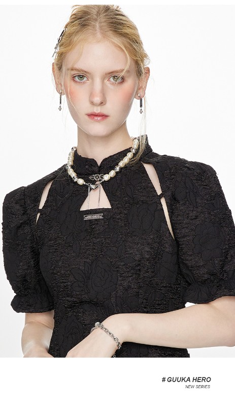 フレンチブラックテクスチャ半袖ドレス女性ニッチデザインパフスリーブスリムウエストチャイナドレス女性 フレンチブラックテクスチャ半袖ドレス女性ニッチデザインパフスリーブスリムウエストチャイナドレス女性