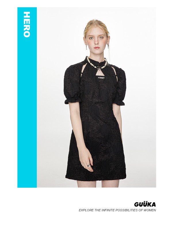 フレンチブラックテクスチャ半袖ドレス女性ニッチデザインパフスリーブスリムウエストチャイナドレス女性 フレンチブラックテクスチャ半袖ドレス女性ニッチデザインパフスリーブスリムウエストチャイナドレス女性