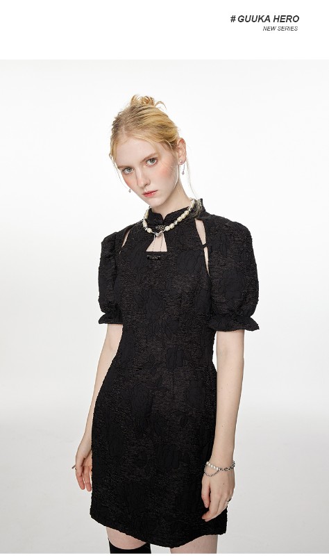 フレンチブラックテクスチャ半袖ドレス女性ニッチデザインパフスリーブスリムウエストチャイナドレス女性 フレンチブラックテクスチャ半袖ドレス女性ニッチデザインパフスリーブスリムウエストチャイナドレス女性