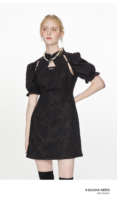 フレンチブラックテクスチャ半袖ドレス女性ニッチデザインパフスリーブスリムウエストチャイナドレス女性 フレンチブラックテクスチャ半袖ドレス女性ニッチデザインパフスリーブスリムウエストチャイナドレス女性