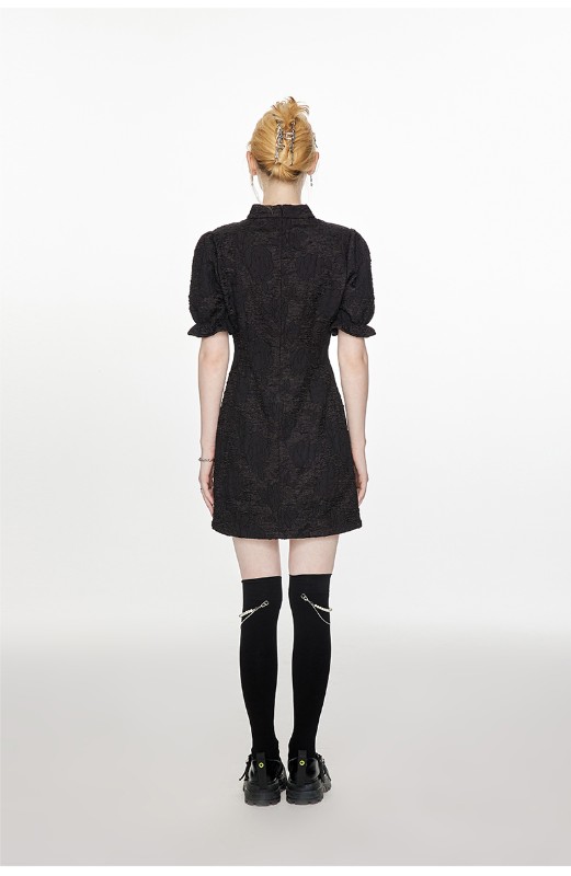 フレンチブラックテクスチャ半袖ドレス女性ニッチデザインパフスリーブスリムウエストチャイナドレス女性 フレンチブラックテクスチャ半袖ドレス女性ニッチデザインパフスリーブスリムウエストチャイナドレス女性