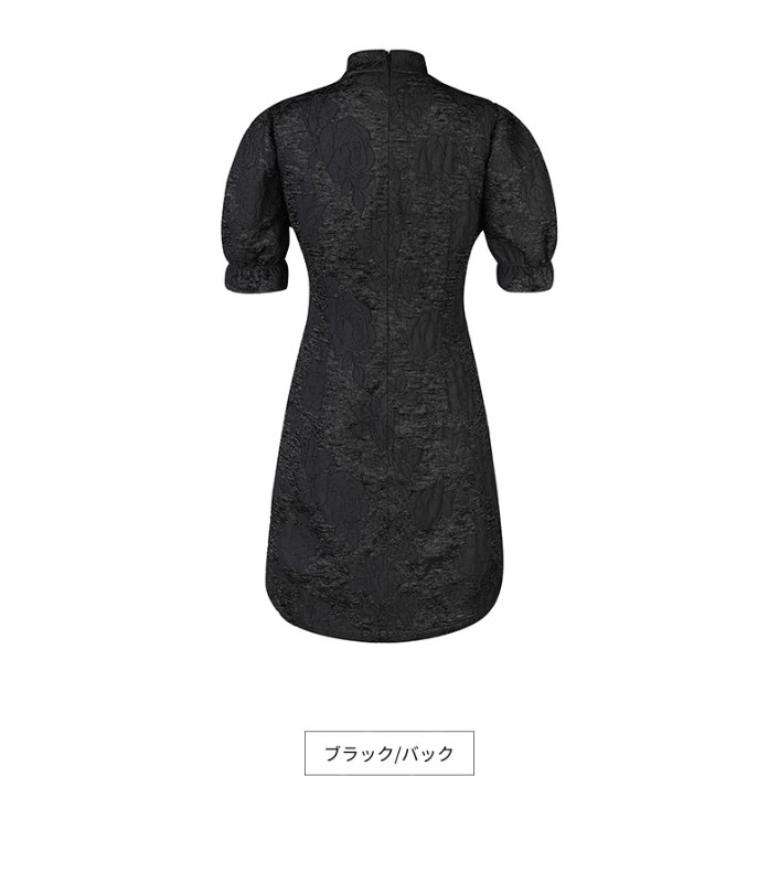 フレンチブラックテクスチャ半袖ドレス女性ニッチデザインパフスリーブスリムウエストチャイナドレス女性 フレンチブラックテクスチャ半袖ドレス女性ニッチデザインパフスリーブスリムウエストチャイナドレス女性
