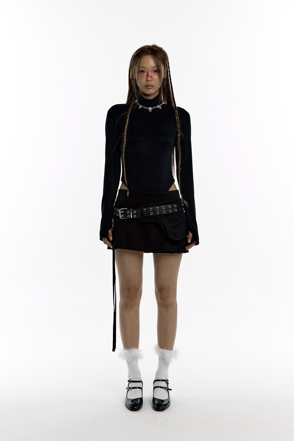 [Kashiko] ★Pleats Pocket Belt Mini Skirt (3色) KASHIKO】 PLEATS POCKET BELT MINI SKIRT : BLACK ミニスカート