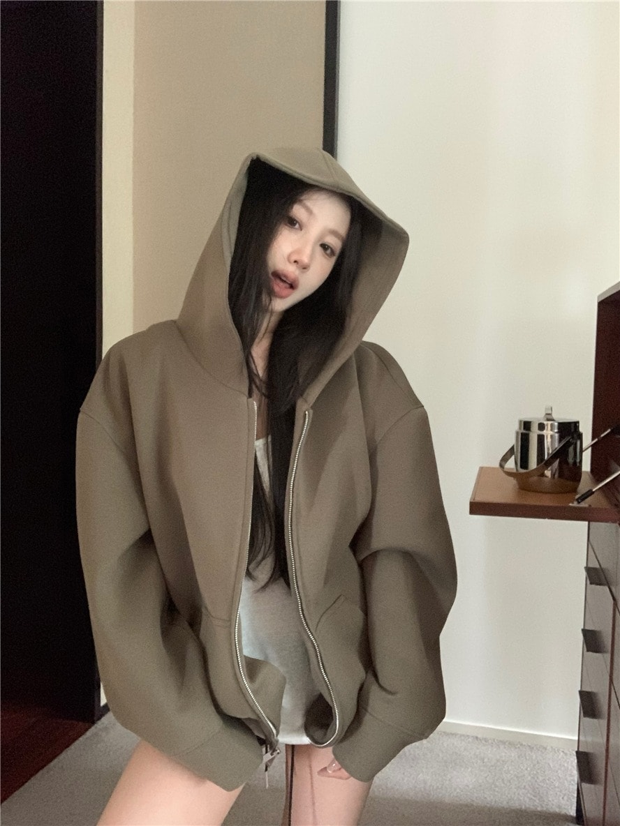 2025 秋冬トップスかわいいパーカーフード付き韓国風長袖ゆったり細見え黒おしゃれレトロチャッシルエット甘め大人っぽ韓国サイズファッション系ルーズレディースサイド袖お出かけ学生通学トラック羽織り
