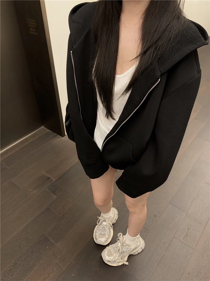 2025 秋冬トップスかわいいパーカーフード付き韓国風長袖ゆったり細見え黒おしゃれレトロチャッシルエット甘め大人っぽ韓国サイズファッション系ルーズレディースサイド袖お出かけ学生通学トラック羽織り