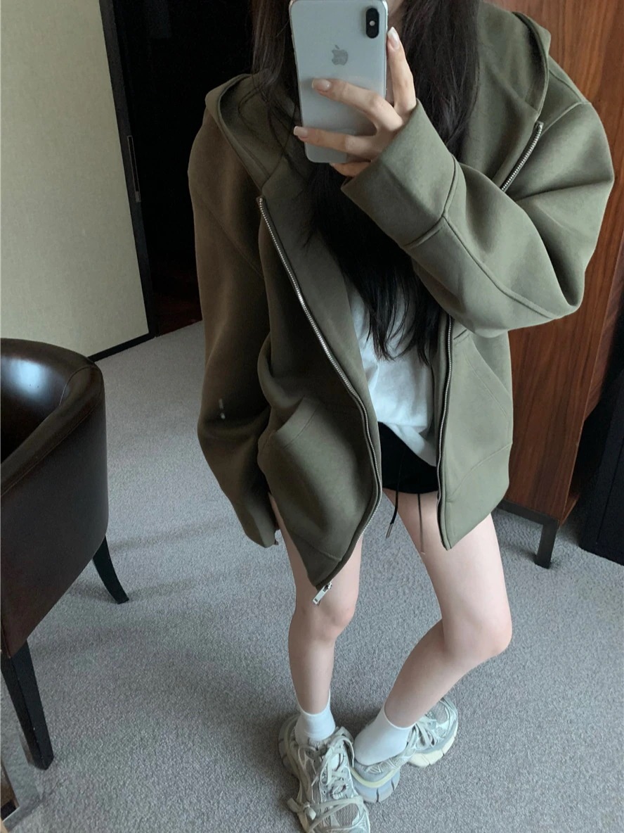 2025 秋冬トップスかわいいパーカーフード付き韓国風長袖ゆったり細見え黒おしゃれレトロチャッシルエット甘め大人っぽ韓国サイズファッション系ルーズレディースサイド袖お出かけ学生通学トラック羽織り