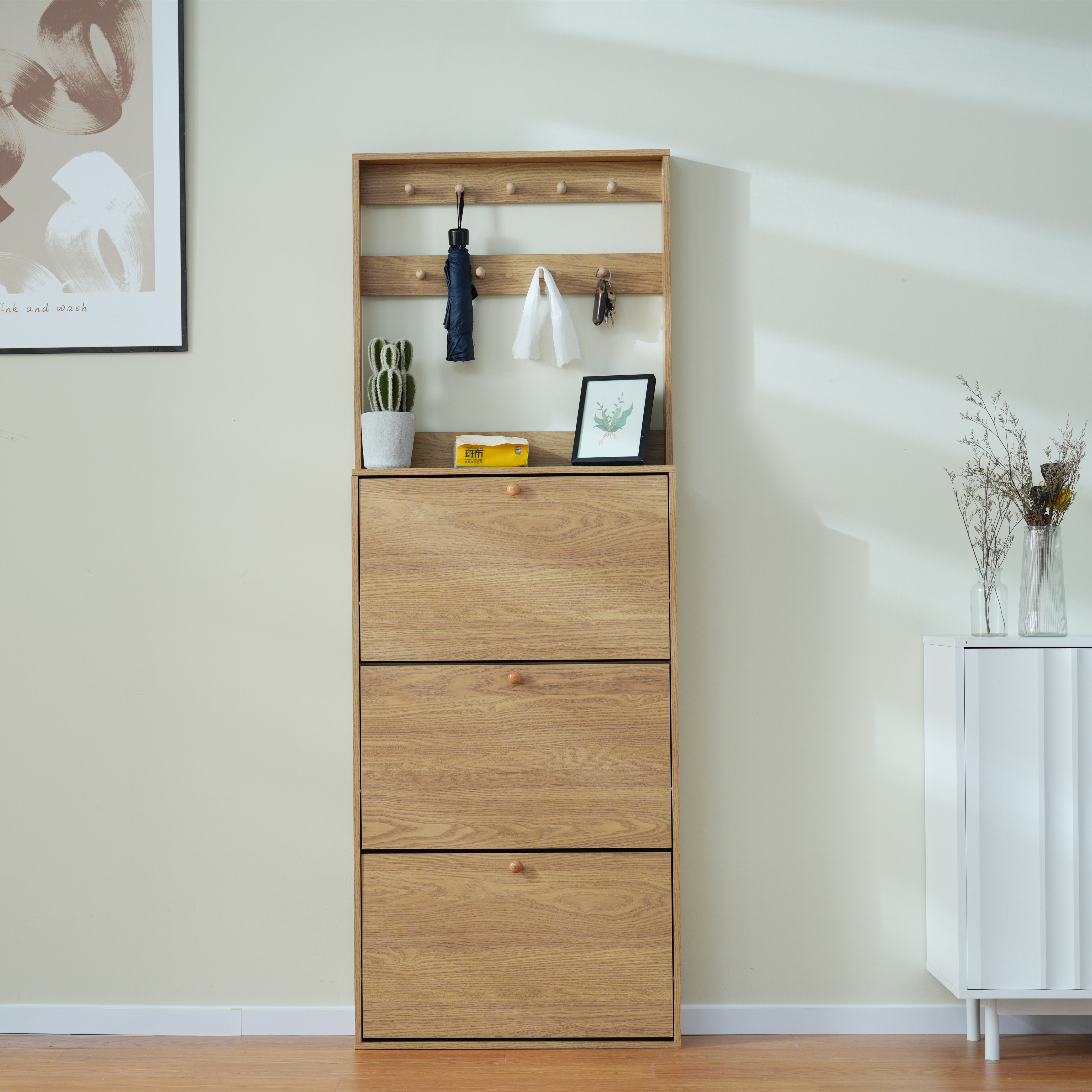 【新品】ヴィンテージナチュラル シューズラック スリム 靴箱 下駄箱 薄型 3段 フック付き くつ箱 靴入れ 収納ラック エントランス 靴収納 靴収納棚 木製 おしゃれ 消臭GG8945 NaturG