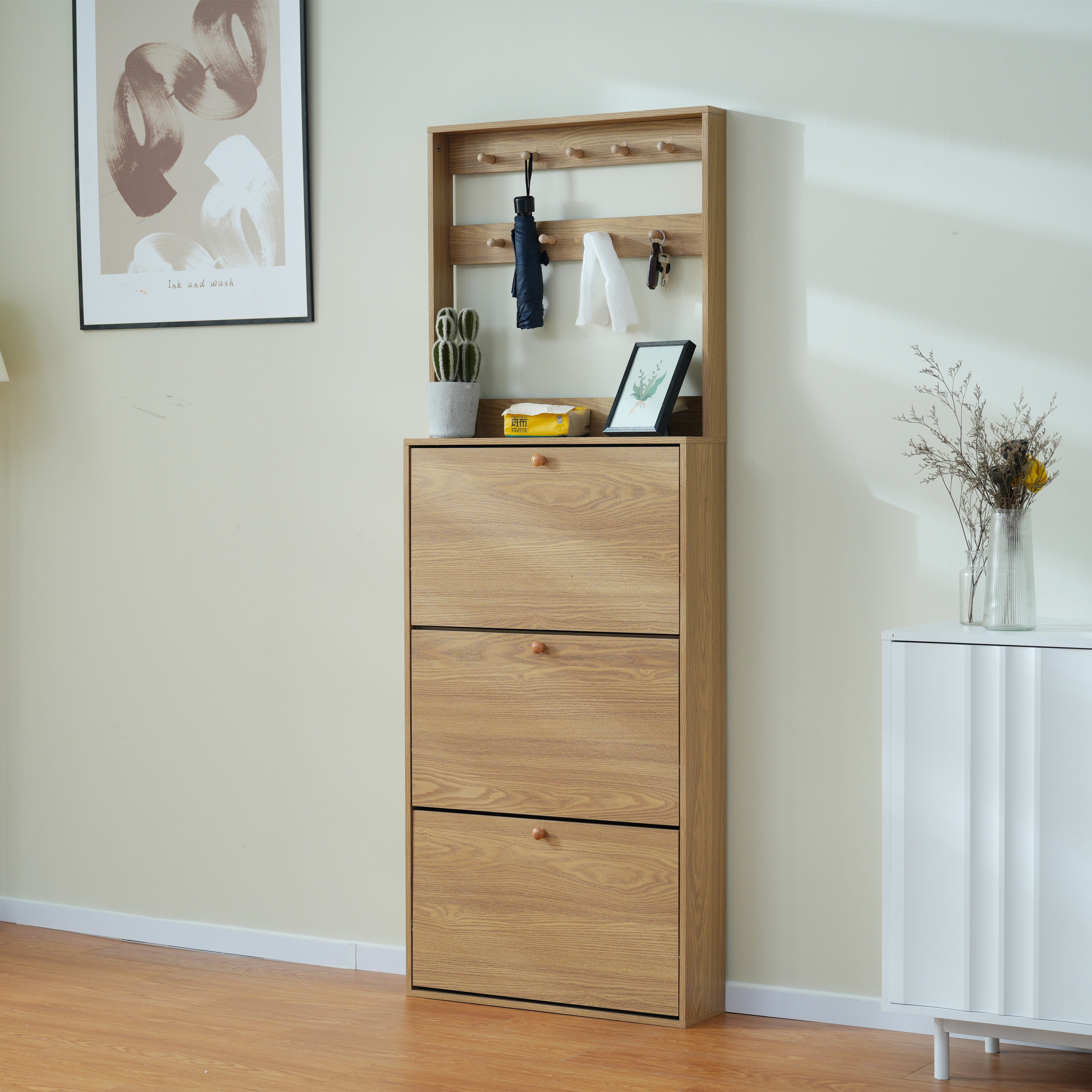 【新品】ヴィンテージナチュラル シューズラック スリム 靴箱 下駄箱 薄型 3段 フック付き くつ箱 靴入れ 収納ラック エントランス 靴収納 靴収納棚 木製 おしゃれ 消臭GG8945 NaturG