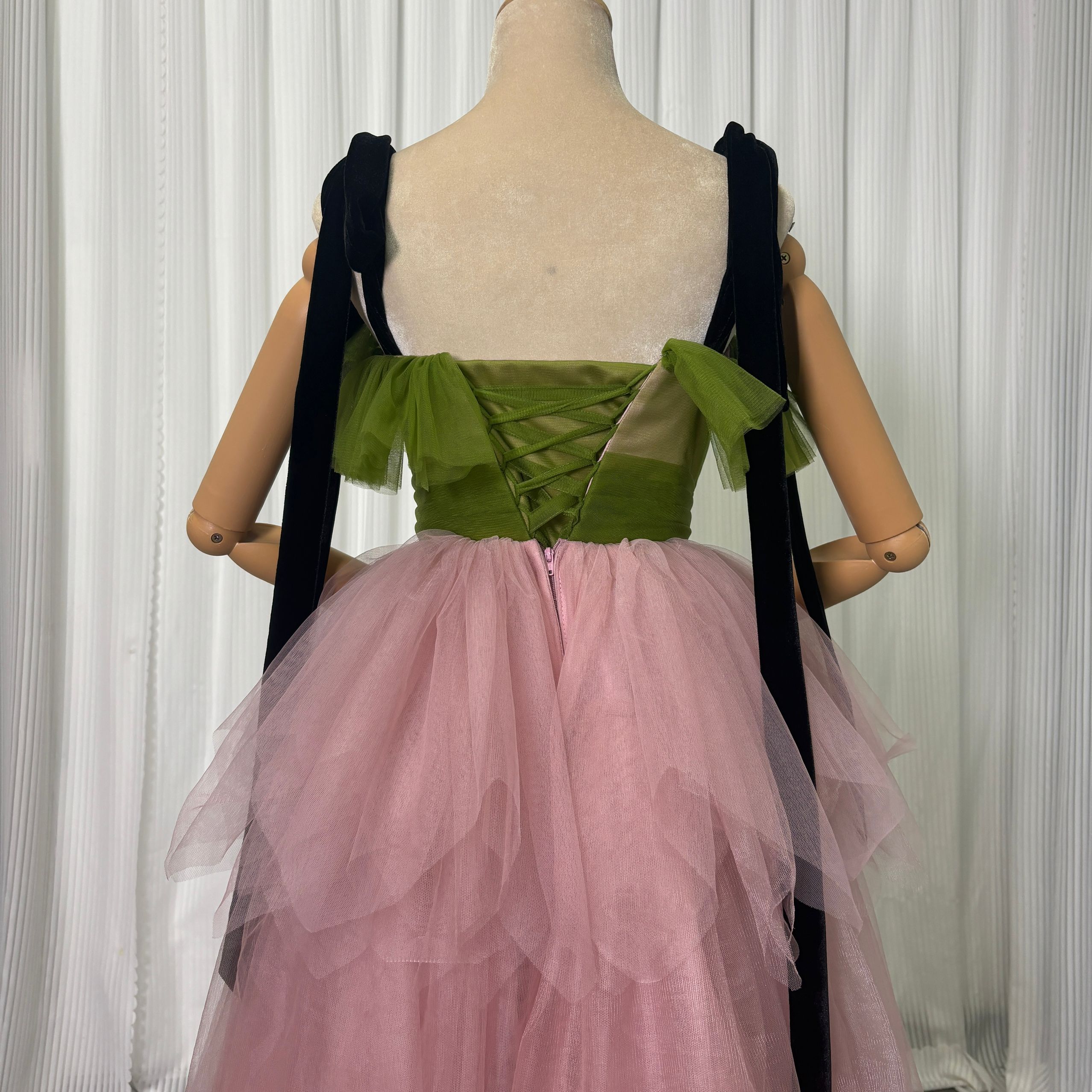 カラードレス グリーン ピンク 高級ベロア キャミソール ロング 編み上げ アシンメトリードレス