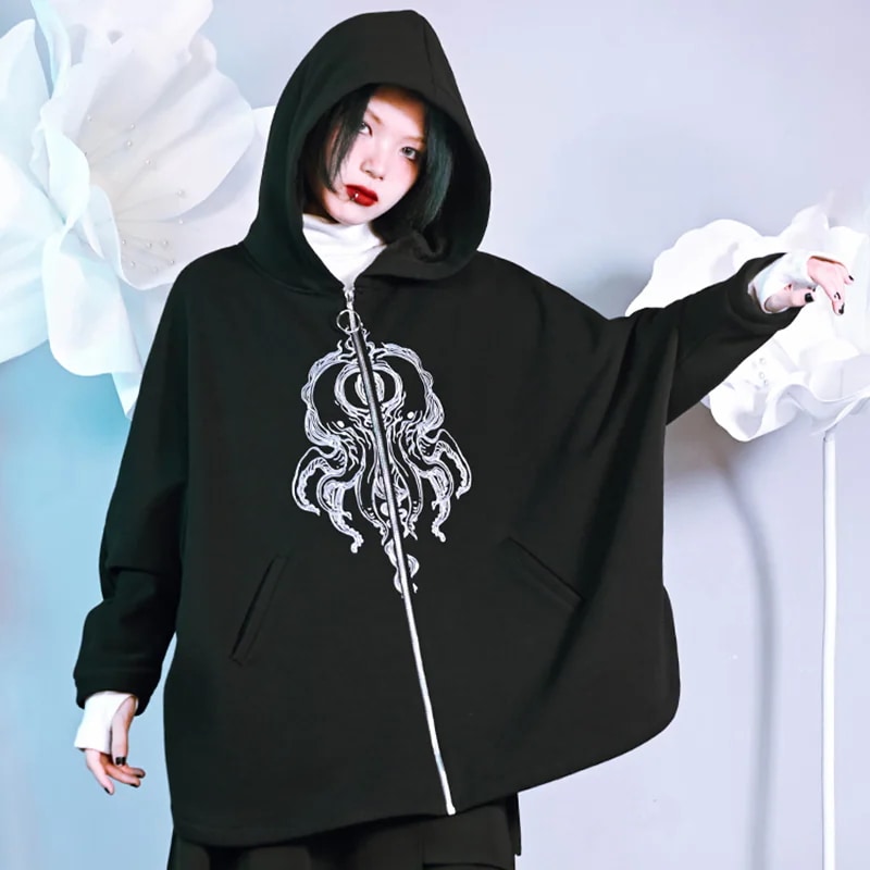 【快速出荷】ジップアップパーカー 裏起毛パーカー プリント アウター マント コート 黒 ポンチョ風カーディガン 着痩せ ポンチョコート レディース 【快速出荷】ジップアップパーカー 裏起毛パーカー プリント アウター マント コート 黒 ポンチョ風カーディガン 着痩せ ポンチョコート レディース