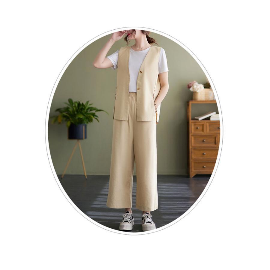 リネンベスト ワイドパンツ 上下セット レディース 夏 ベスト コットンリネン 薄手 涼しい イージーパンツ ジレ 前開き 9分丈パンツ リネンベスト ワイドパンツ 上下セット レディース 夏 ベスト コットンリネン 薄手 涼しい イージーパンツ ジレ 前開き 9分丈パンツ
