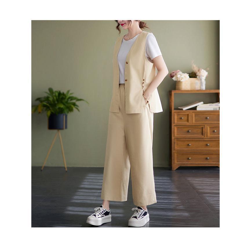 リネンベスト ワイドパンツ 上下セット レディース 夏 ベスト コットンリネン 薄手 涼しい イージーパンツ ジレ 前開き 9分丈パンツ リネンベスト ワイドパンツ 上下セット レディース 夏 ベスト コットンリネン 薄手 涼しい イージーパンツ ジレ 前開き 9分丈パンツ