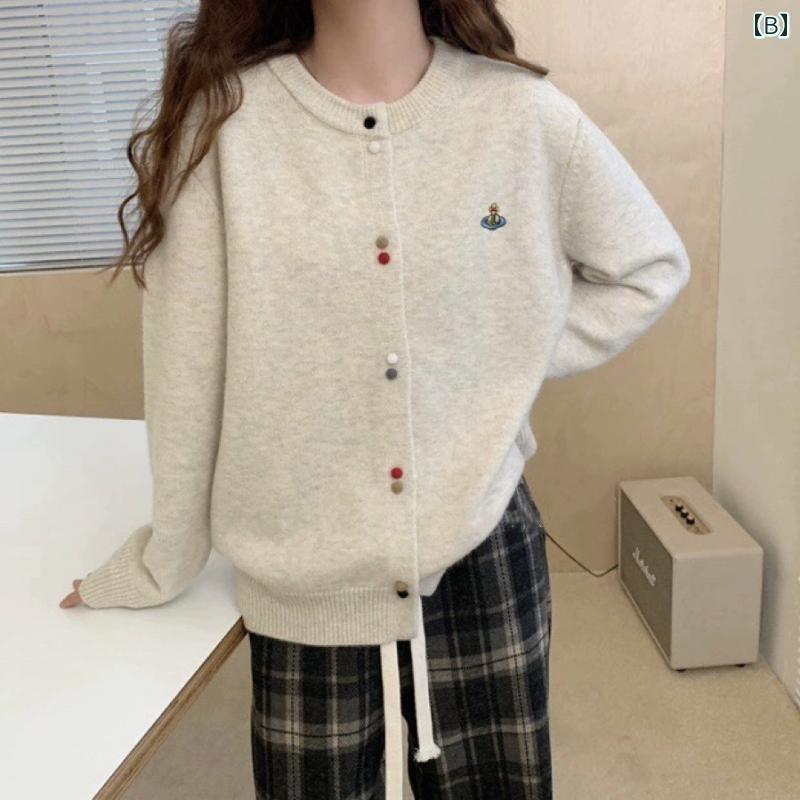 ソフト よう デザイン ラウンドネック セーター カーディガン 女性春新 日本 カラー ボタン ニット ジャケット