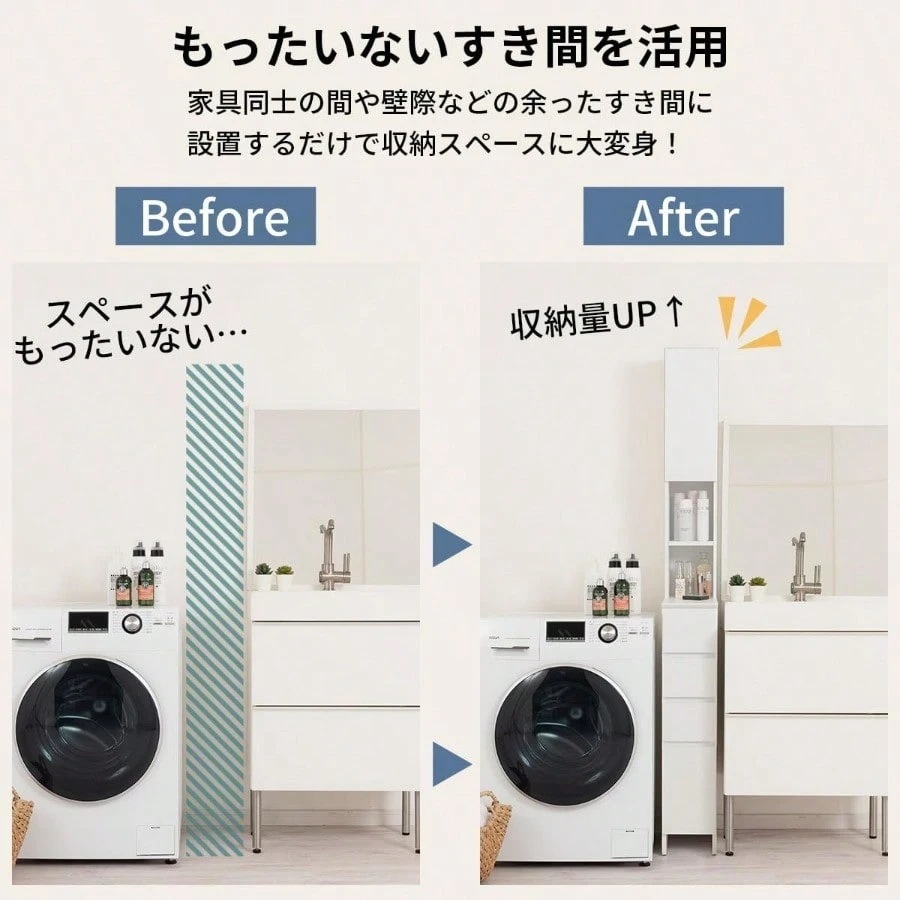 ぼん家具 ランドリー収納 スリム 幅20.1×奥行45×高さ183.7cm 薄型 ランドリーチェスト 隙間収納 引き出し タオル 洗面所 扉収納 ホワイト