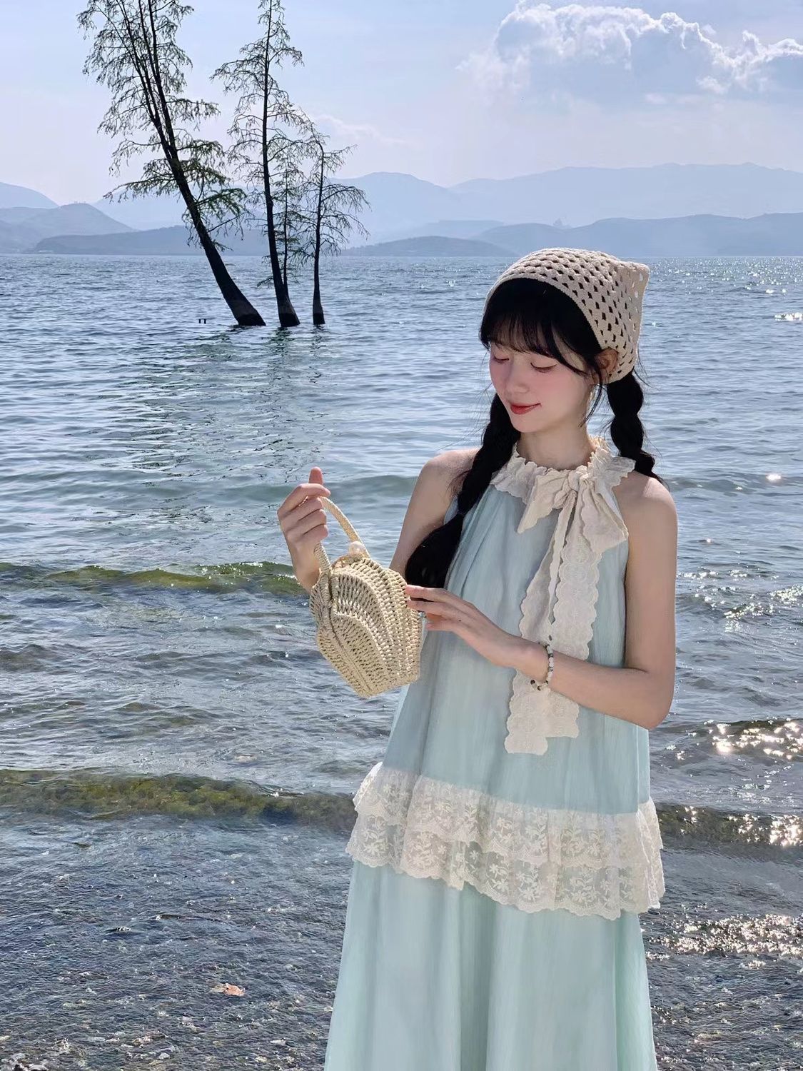 【2点セット】サマースーツスカートデコルテリボン首かけトップス+半身スカート優しい雰囲気のデート 【2点セット】サマースーツスカートデコルテリボン首かけトップス+半身スカート優しい雰囲気のデート