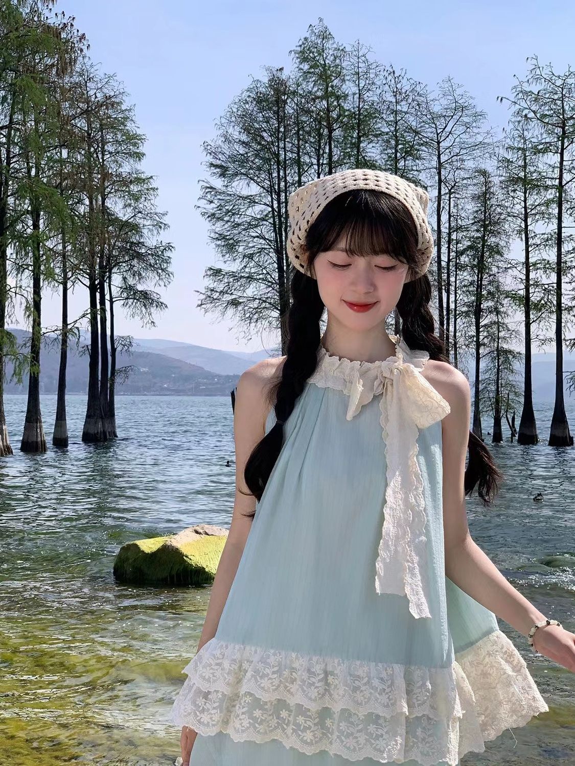 【2点セット】サマースーツスカートデコルテリボン首かけトップス+半身スカート優しい雰囲気のデート 【2点セット】サマースーツスカートデコルテリボン首かけトップス+半身スカート優しい雰囲気のデート