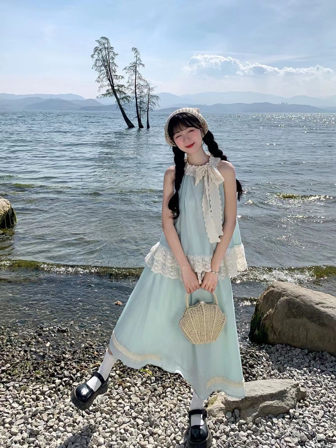 【2点セット】サマースーツスカートデコルテリボン首かけトップス+半身スカート優しい雰囲気のデート 【2点セット】サマースーツスカートデコルテリボン首かけトップス+半身スカート優しい雰囲気のデート