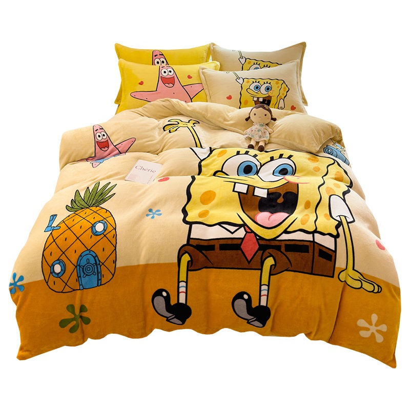 スポンジ・ボブ スクエアパンツ ミルクベルベットベッド シーツとキルトカバーの 4 点セット 子供用冬用厚みのあるコーラルベルベット寝具 3 点