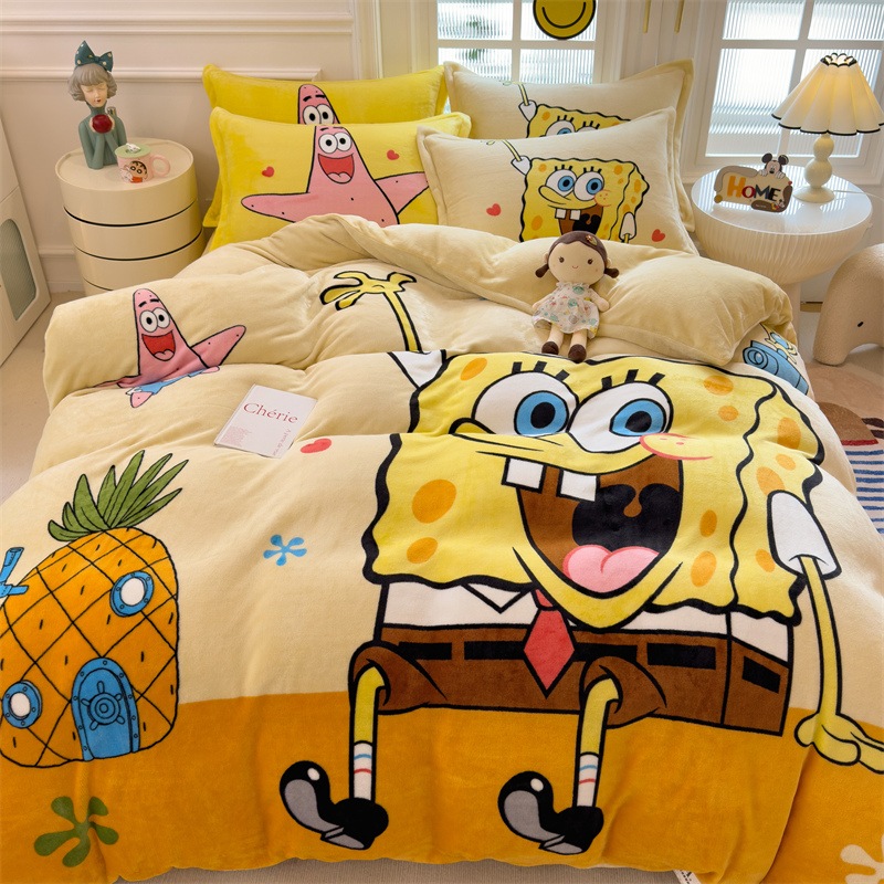 スポンジ・ボブ スクエアパンツ ミルクベルベットベッド シーツとキルトカバーの 4 点セット 子供用冬用厚みのあるコーラルベルベット寝具 3 点
