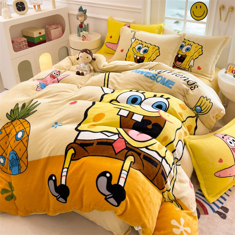 スポンジ・ボブ スクエアパンツ ミルクベルベットベッド シーツとキルトカバーの 4 点セット 子供用冬用厚みのあるコーラルベルベット寝具 3 点