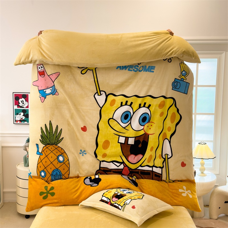 スポンジ・ボブ スクエアパンツ ミルクベルベットベッド シーツとキルトカバーの 4 点セット 子供用冬用厚みのあるコーラルベルベット寝具 3 点
