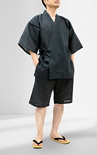 [あい藍] 甚平 綿85％ 麻15％ 洗える しじら織り 上下セット 涼しい 色柄豊富 (M, 黒無地-12)