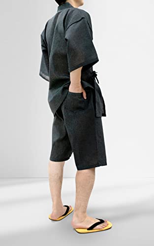 [あい藍] 甚平 綿85％ 麻15％ 洗える しじら織り 上下セット 涼しい 色柄豊富 (M, 黒無地-12)