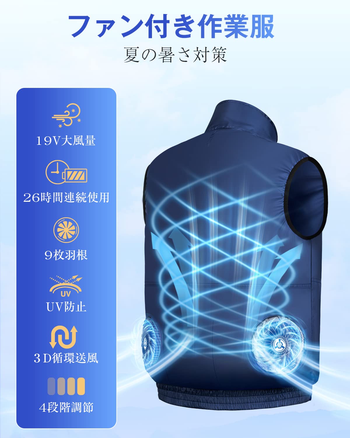 [Sumeriy] ファン付き作業服 ウェア ベスト 30000mAhバッテリー付き 超高出力 空調作業服 4段階風速調節 超長連続使用時間 大風量 USB給電式 UVカット 暑さ対策 熱中症予防 屋