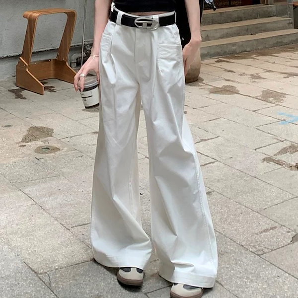 白 ワイドパンツ 韓国 レディース ワイド フレアパンツ 夏服
