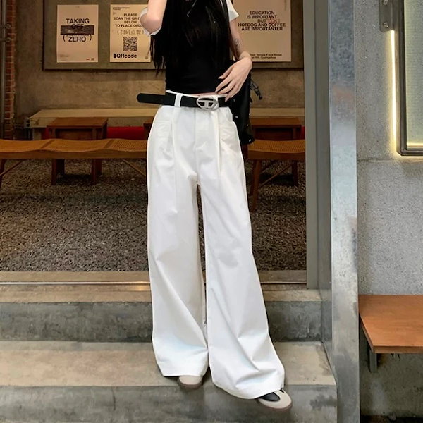 Qoo10] 白 ワイドパンツ 韓国 レディース ワイ