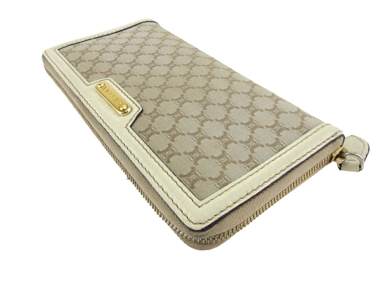 長財布 ラウンドファスナー 財布 マカダム レディース メンズ ベージュ ホワイト 白 ゴールド 中古