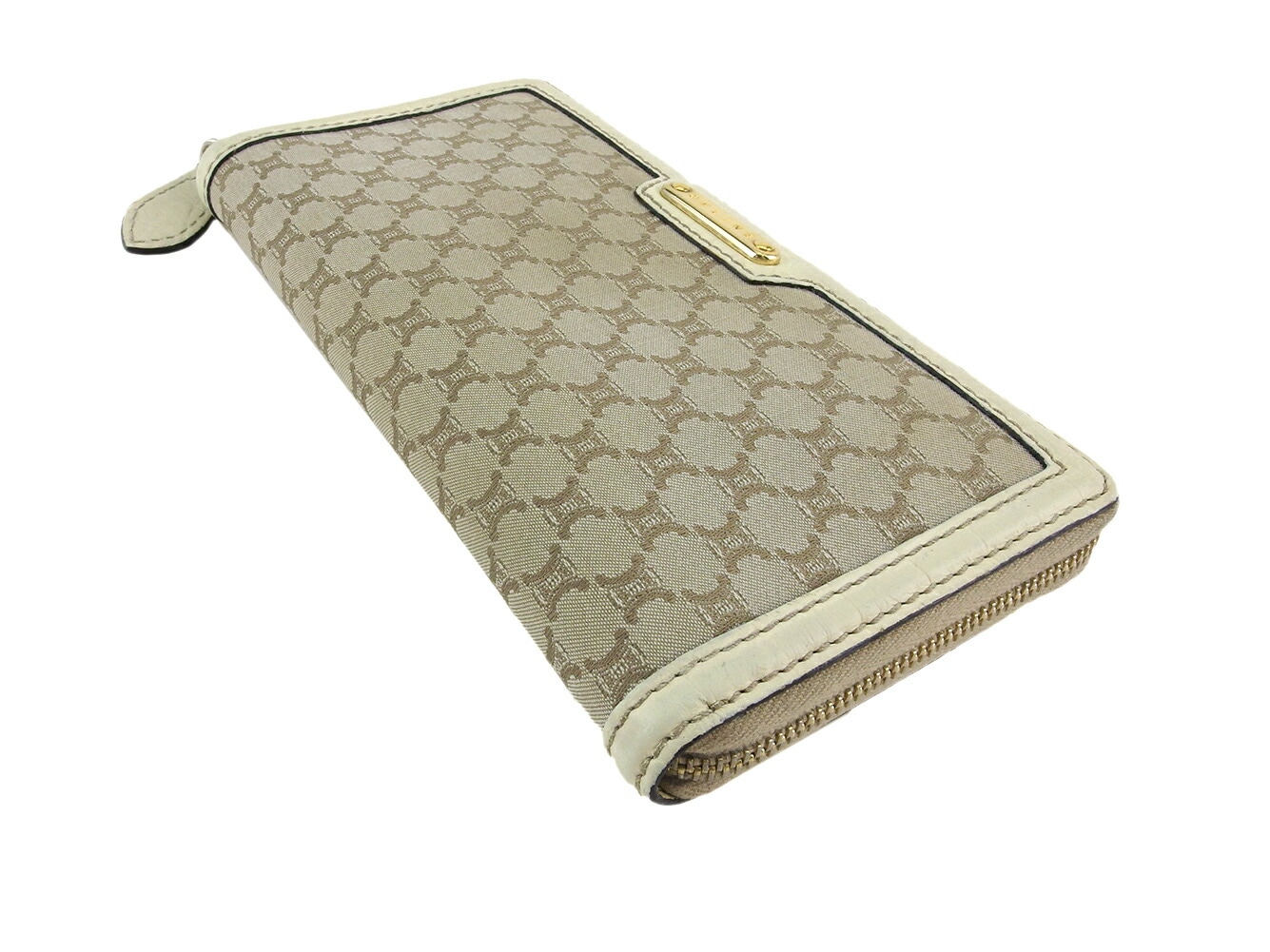 長財布 ラウンドファスナー 財布 マカダム レディース メンズ ベージュ ホワイト 白 ゴールド 中古