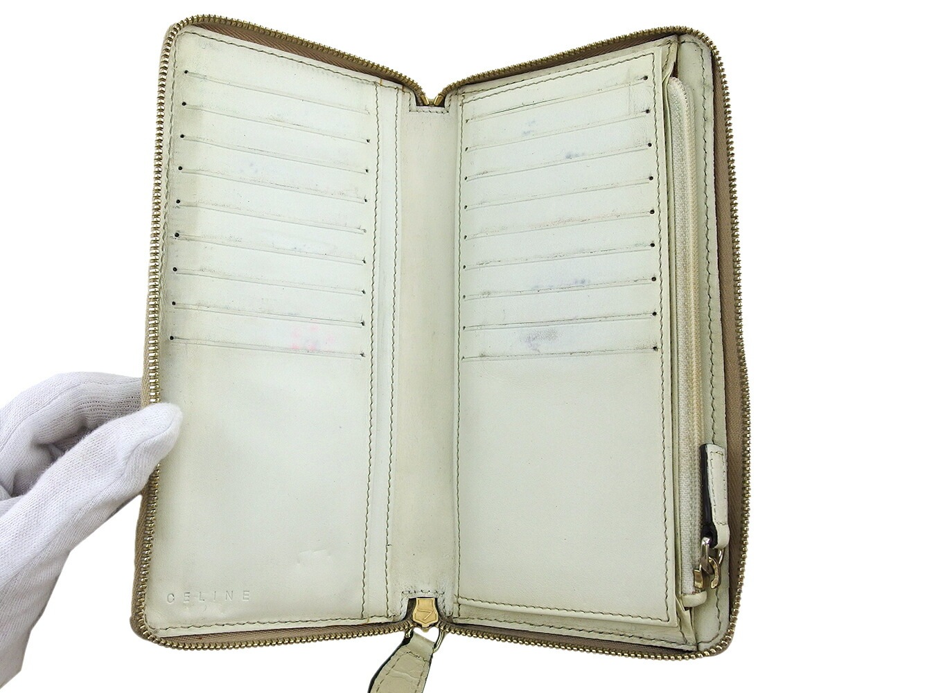 長財布 ラウンドファスナー 財布 マカダム レディース メンズ ベージュ ホワイト 白 ゴールド 中古