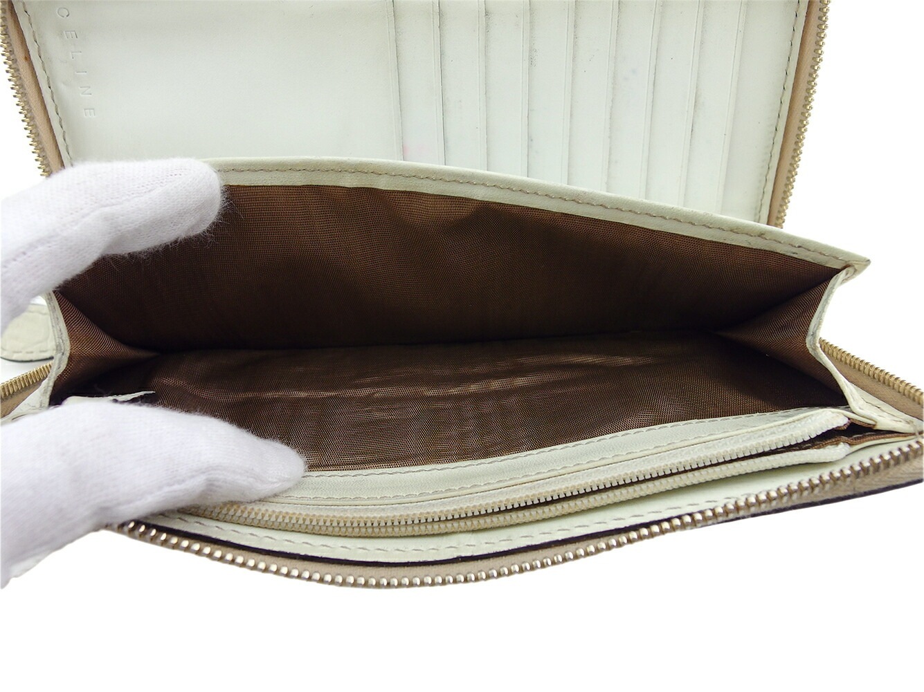 長財布 ラウンドファスナー 財布 マカダム レディース メンズ ベージュ ホワイト 白 ゴールド 中古