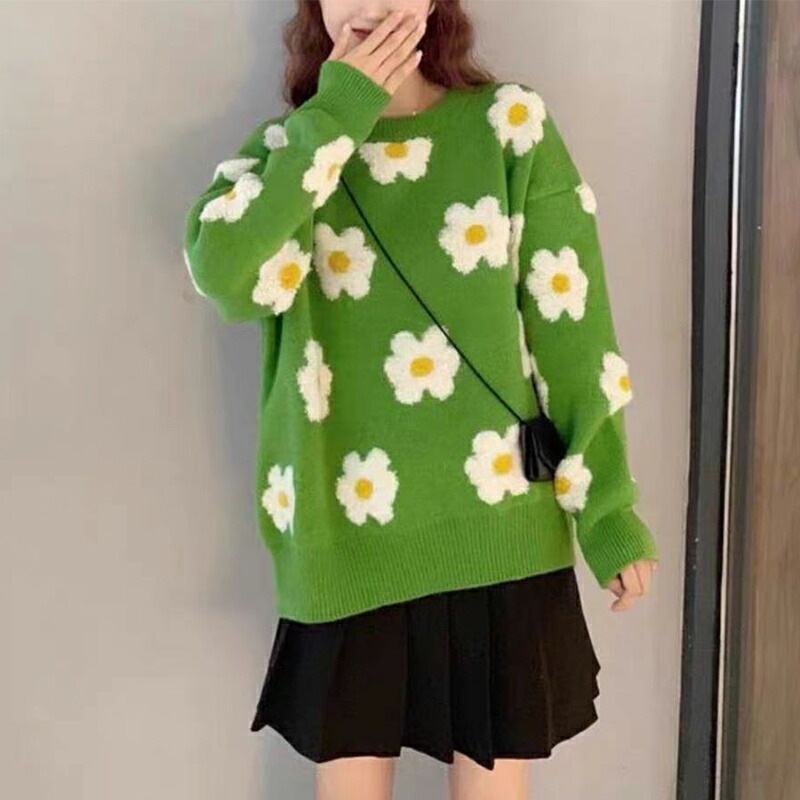 10/30！クーポンで3,400円 セーター レディース デイジー柄 花柄 ニット トップス 長袖 クルーネック 体型カバー オーバーサイズ 暖かい パフスリーブ ボリューム袖 チクチクしない フェミ