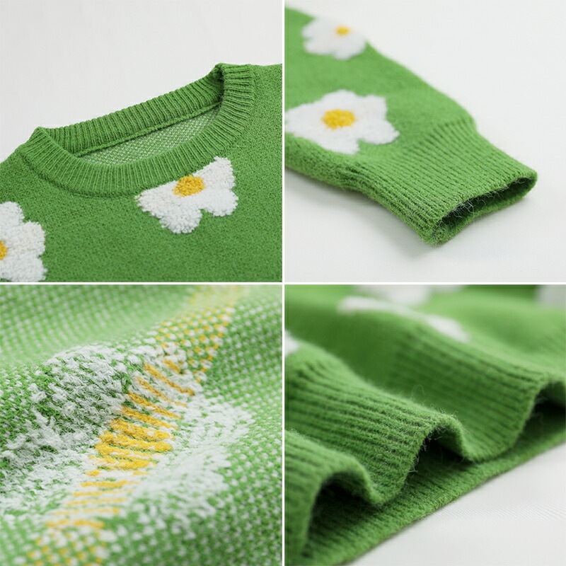 10/30！クーポンで3,400円 セーター レディース デイジー柄 花柄 ニット トップス 長袖 クルーネック 体型カバー オーバーサイズ 暖かい パフスリーブ ボリューム袖 チクチクしない フェミ