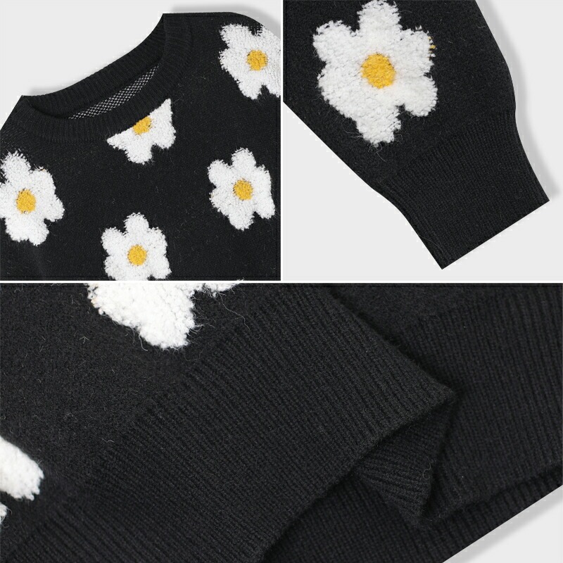 10/30！クーポンで3,400円 セーター レディース デイジー柄 花柄 ニット トップス 長袖 クルーネック 体型カバー オーバーサイズ 暖かい パフスリーブ ボリューム袖 チクチクしない フェミ