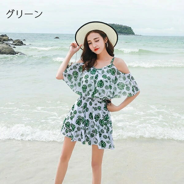 【スマホ防水ケース贈り物】水着 服みたいな ワンピース水着 オフショルダービキニ 肩見せ 体型カバー 露出控え レディース 着痩せ 袖付き ママ オトナ女子 ミセス フレア ショートパンツ 大きいサイ