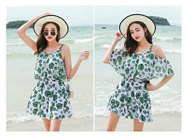 【スマホ防水ケース贈り物】水着 服みたいな ワンピース水着 オフショルダービキニ 肩見せ 体型カバー 露出控え レディース 着痩せ 袖付き ママ オトナ女子 ミセス フレア ショートパンツ 大きいサイ