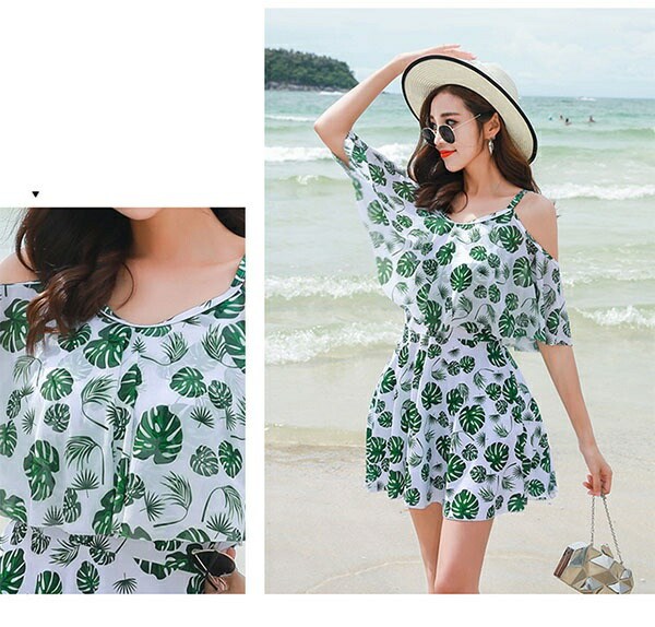 【スマホ防水ケース贈り物】水着 服みたいな ワンピース水着 オフショルダービキニ 肩見せ 体型カバー 露出控え レディース 着痩せ 袖付き ママ オトナ女子 ミセス フレア ショートパンツ 大きいサイ