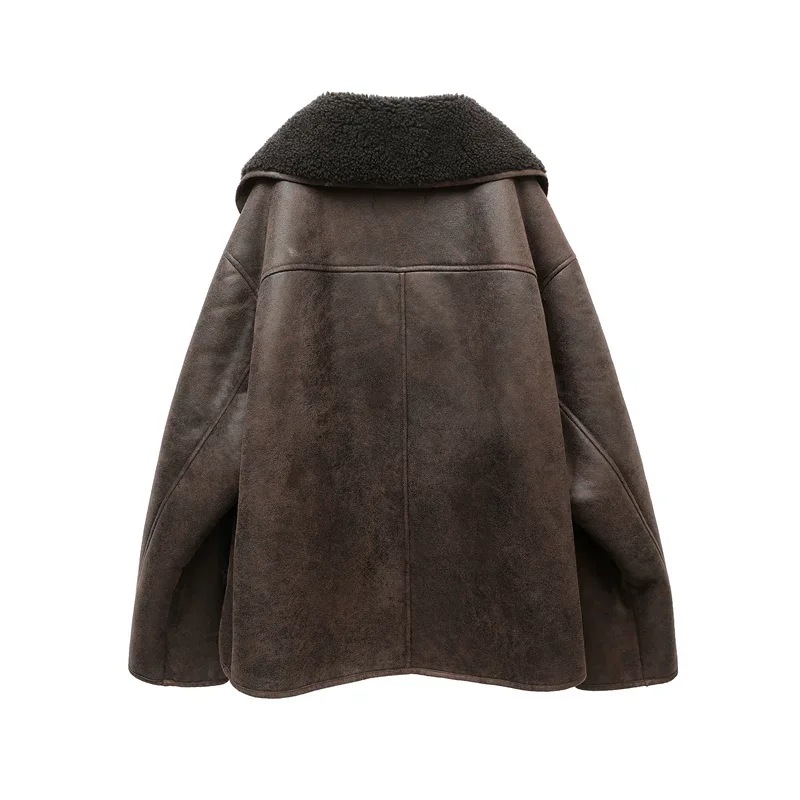 女性のための厚い革のジャケット ヴィンテージ ラペル シングルブレスト ポケット 暖かいストリートジャケット 新しい 2024