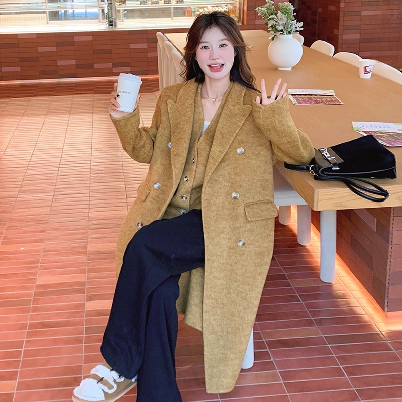 韓国気質薄手両面カシミアコートウエストコート2点セット2024新作ウールツイードスーツジャケット